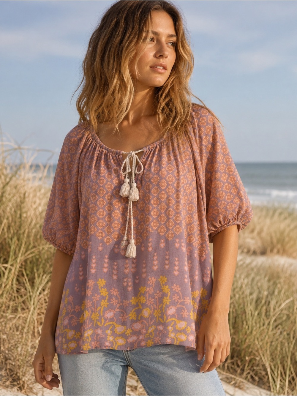 Spell & The Gypsy Floral Border Print Tassel Peasant Blouse Boho XS